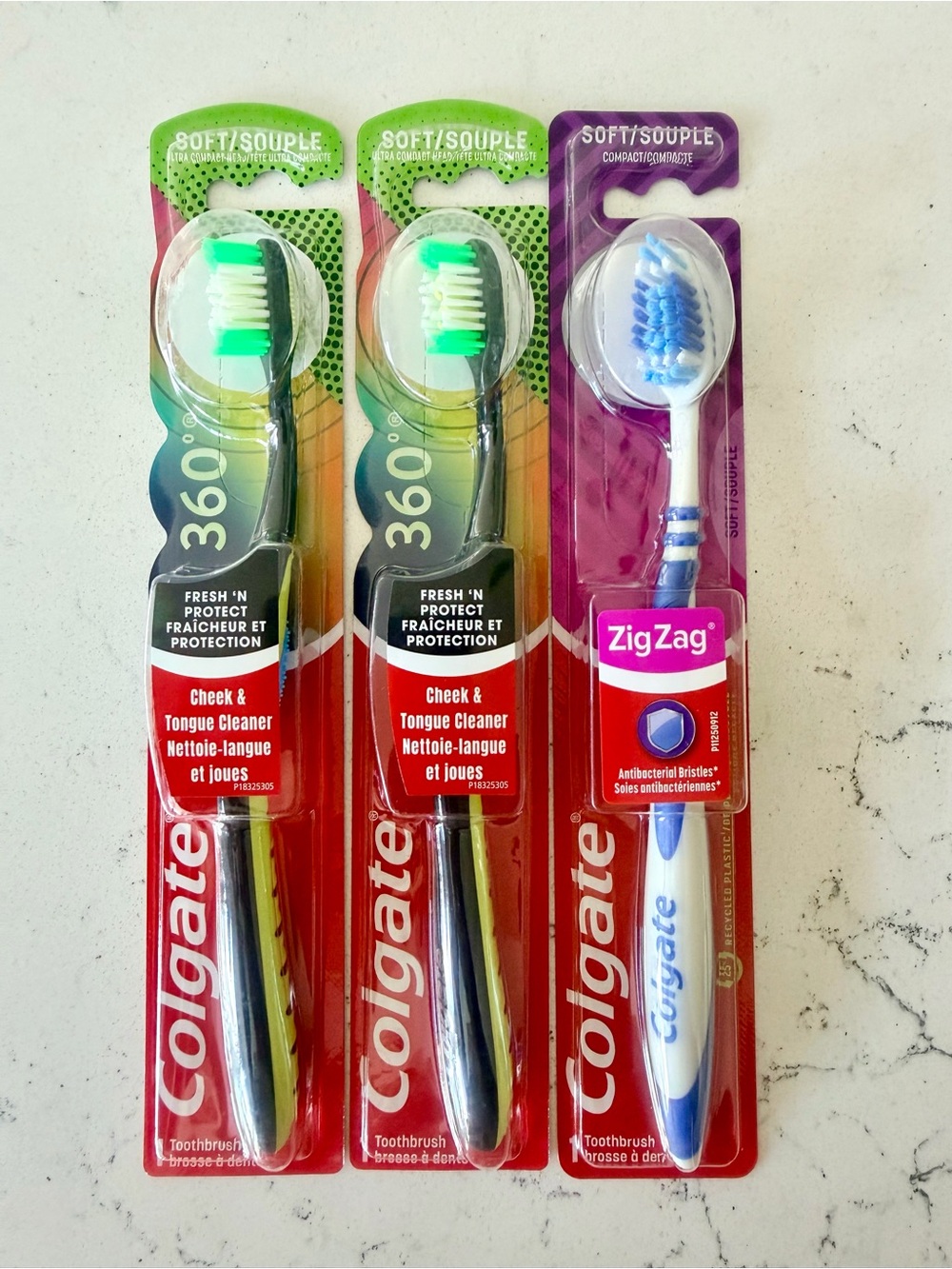 ZigZag and 360° Soft Toothbrushes - White, Green, Blue